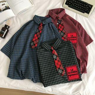 Elbow-sleeve Plaid Shirt With Tie