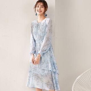 Floral Print Long-sleeve Layered Midi A-line Chiffon Dress