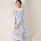 Floral Print Long-sleeve Layered Midi A-line Chiffon Dress