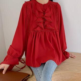 Long-sleeve Lace-trim Ruffled Blouse