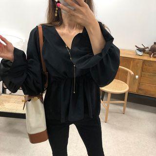 V-neck Bell-cuff Peplum Blouse