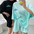 Set: Round-neck Printed Loose-fit T-shirt + Band-waist Shorts
