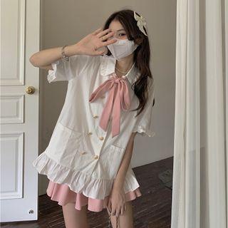 Doll Collar Ruffle Trim Double Button Top / High Waist A-line Mini Skirt