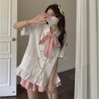 Doll Collar Ruffle Trim Double Button Top / High Waist A-line Mini Skirt