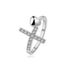Simple Romantic Heart Shaped Cross Adjustable Ring With Cubic Zircon Silver - One Size