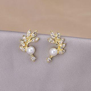 Faux Pearl Rhinestone Leaf Earring E3192 - As Shown In Figure - One Size