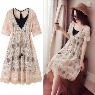 Set: Short-sleeve Lace Midi Dress + Spaghetti Strap Plain Mini Dress