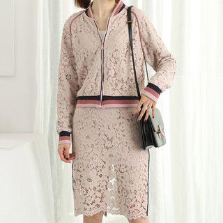 Lace Zip Bomber Jacket / Pencil Skirt