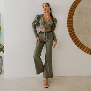 Set: Puff Sleeve Cropped Top + Dress Pants