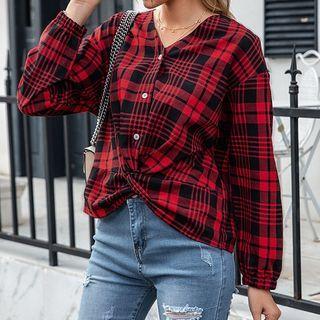 Long-sleeve V-neck Plaid Cropped Blouse