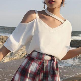 Set: Cutout Elbow-sleeve T-shirt + Check Skort