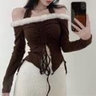 Long-sleeve Cold-shoulder Fluffy Trim T-shirt Light Brown - One Size