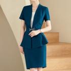 Set: Short-sleeve Plain Jacket + Midi Pencil Skirt