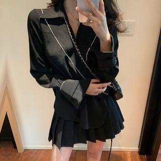 V-neck Wrap Shirt / Pleated Mini Skirt