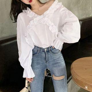 Bell-sleeve Ruffle Trim Top White - One Size
