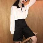 Letter Embroidered Long-sleeve Polo Shirt / Embroidered Wide-leg Shorts