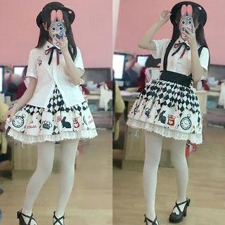 Set: Poker Print Short / Long Sleeve Shirt + Suspender Skirt