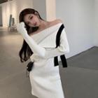 Long-sleeve Off-shoulder Knit Mini Dress Black & White - One Size