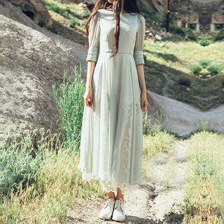 Lace Panel Elbow-sleeve A-line Chiffon Dress