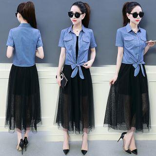 Set: Bow Short-sleeve Denim Blouse + Tulle Mesh Midi Skirt