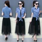 Set: Bow Short-sleeve Denim Blouse + Tulle Mesh Midi Skirt