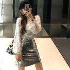 Long-sleeve Feather-accent Sequined Top / Mini A-line Skirt