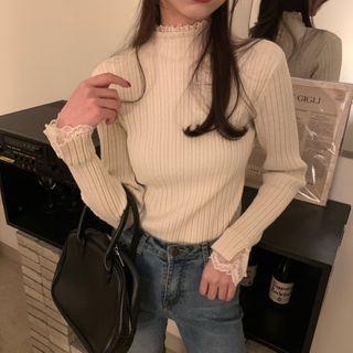 Long-sleeve High-neck Lace Panel Knit Top