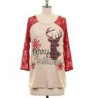 Long-sleeve Lace Panel Christmas Themed T-shirt