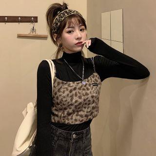 Chain-strap Leopard-print Crop Cami / High-neck Plain Top