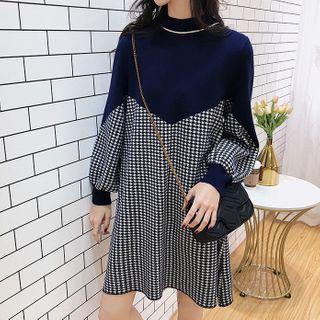 Lantern-sleeve Mini Plaid Knit Dress