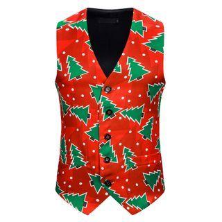 Christmas Tree Print Button-up Vest