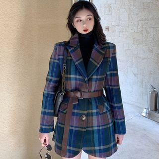 Set: Plaid Button-up Coat + Belt