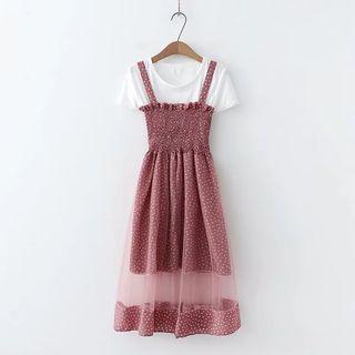 Set: Short-sleeve T-shirt + Sleeveless Patterned Mesh Overlay A-line Midi Dress