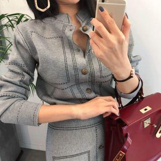 Set: Mandarin-collar Stitch Print Cardigan + Pencil Skirt