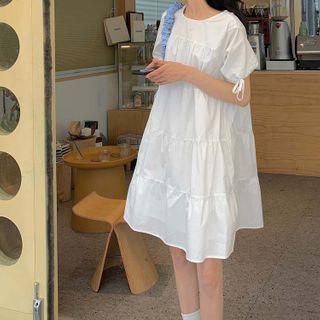 Short-sleeve Plain Tiered Midi A-line Dress White - One Size