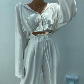 Hooded Cropped Zip Jacket / Cropped Wide-leg Pants / Set