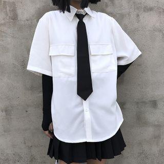 Plain Flap-pocket Elbow-sleeve Shirt With Tie