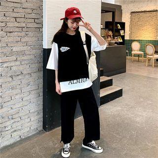 Set: Elbow-sleeve Mock Two-piece Lettering T-shirt + Wide Leg Cropped Pants