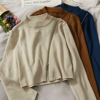 Diagonal-zip Crop Knit Top In 6 Colors
