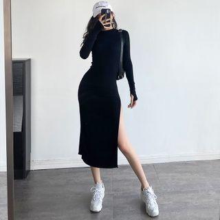 Side-slit Long-sleeve Midi Dress