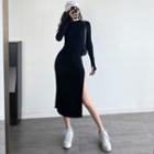 Side-slit Long-sleeve Midi Dress