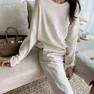 Drop-shoulder Drawstring-hem Summer Knit Top Oatmeal - One Size