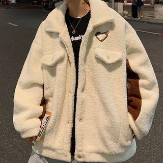 Two-tone Heart Embroidered Fleece Button-up Jacket