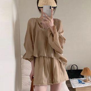 Set: Long-sleeve Tie-strap Blouse + Wide Leg Shorts