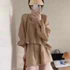 Set: Long-sleeve Tie-strap Blouse + Wide Leg Shorts