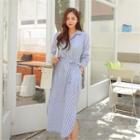 Open-placket Striped Maxi Shirtdress With Sash Sky Blue - One Size