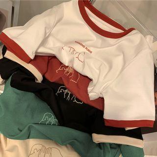Elbow-sleeve Contrast Trim Print T-shirt