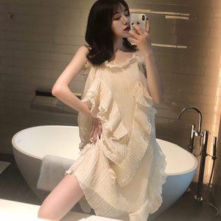 Ruffle Trim Strappy Midi A-line Dress Almond - One Size