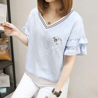Frill Trim V-neck Chiffon Top