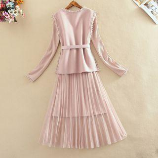 Set: Mesh Panel Long-sleeve A-line Knit Dress + V-neck Knitted Vest